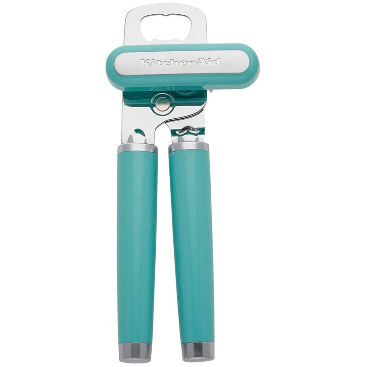 Encontraproduto.com.br - KitchenAid Abridor de latas multifuncional clássico e abridor de garrafas, fácil de usar, roda de corte de aço inoxidável afiada, alças ergonômicas macias, Aqua Sky